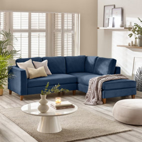Furniturebox UK Chaise Sofa - 'Foster' L-shaped Navy Velvet Sofa - Chaise Longue Chaise Lounge - Left Hand Bias - 3 to 4 Seater