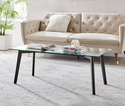 Furniturebox UK Coffee Table - Malmo Rectangular Glass Coffee Table - Clear Glass Tabletop with Angled Black Beech Wood Legs