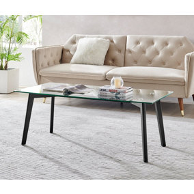 Furniturebox UK Coffee Table - Malmo Rectangular Glass Coffee Table - Clear Glass Tabletop with Angled Black Beech Wood Legs