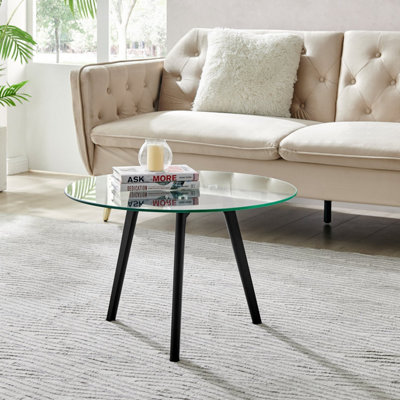 Furniturebox UK Coffee Table - Malmo Round Glass Coffee Table - Clear Glass Tabletop with Angled Black Painted Beech Wood Legs