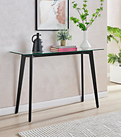 Furniturebox UK Console Table - Malmo Rectangular Glass Console Table - Clear Glass Tabletop Angled Black Beech Wood Legs