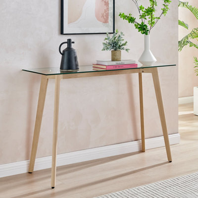 Furniturebox UK Console Table - Malmo Rectangular Glass Console Table - Clear Glass Tabletop Angled Natural Beech Wood Legs