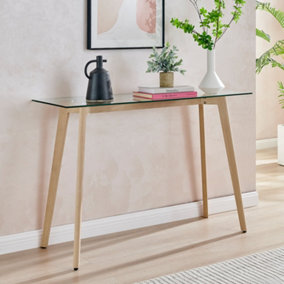 Furniturebox UK Console Table - Malmo Rectangular Glass Console Table - Clear Glass Tabletop Angled Natural Beech Wood Legs