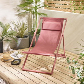 Furniturebox UK Corsica Dusky Pink Metal & Textilene Outdoor Deckchairs - Pair of Retro Folding Chairs