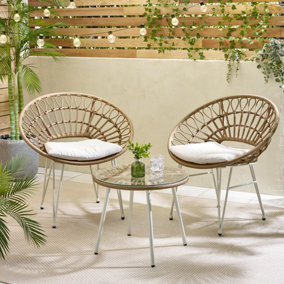 Furniturebox UK Crete Rattan Outdoor 2 Chair Bistro Set with Round Table & Cream Cushions