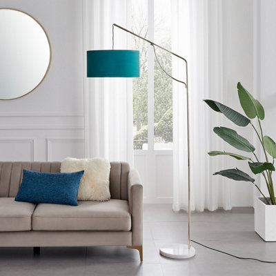 Furniturebox UK Danielle Arc Lamp with Teal Velvet Shade and a Brass and Marble Base