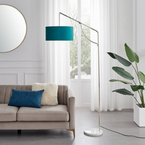 Furniturebox UK Danielle Arc Lamp with Teal Velvet Shade and a Brass and Marble Base