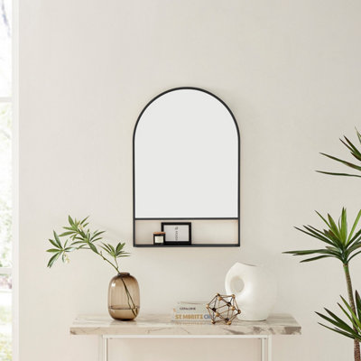 Furniturebox UK Dara Black Metal Arch Wall Mirror with Shelf