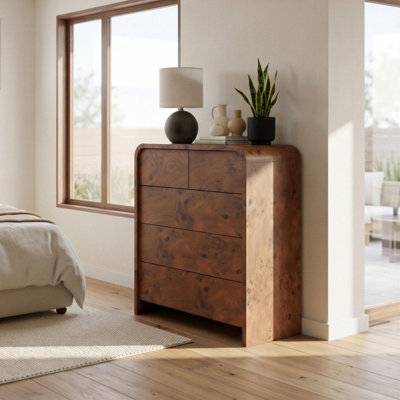 Furniturebox UK Delphine Walnut Burl Wood Effect 5 Drawer Chest of Drawers