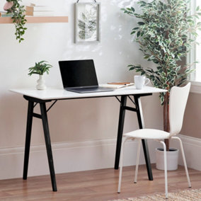 Furniturebox UK Desk 120 x 60cm - Ivan White Home Office Desk - Work or Gaming - A-Frame Trestle Table Style Black Solid Wood Legs