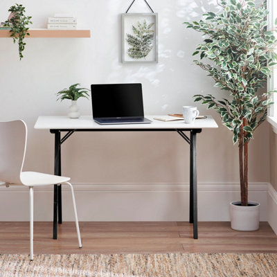 Furniturebox UK Desk 120 x 60cm - Ivan White Home Office Desk - Work or Gaming - A-Frame Trestle Table Style Black Solid Wood Legs