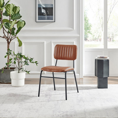 Furniturebox UK Dining Chair - 2x Delta Tan Brown Faux Leather Upholstered Dining Chair Black Legs - Contemporary Dining Furniture