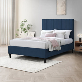 Furniturebox UK Double Bed - 'Aster' Upholstered Blue Velvet Double Bed Frame Only (No Mattress) - Modern Bedroom Furniture