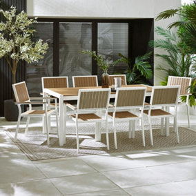 Furniturebox UK Dubai 8 Seater Garden Dining Set: White Metal & Brown Wood-Effect Table