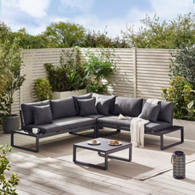 Furniturebox UK Dubai Grey Metal & Wood Effect 6 Seat Outdoor Garden Corner Sofa & Coffee Table, Garden Furniture Set - Free Cover