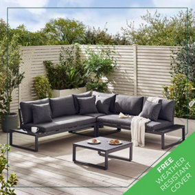 Furniturebox UK Dubai Grey Metal & Wood Effect 6 Seat Outdoor Garden Corner Sofa & Coffee Table, Modern Garden Furniture Set