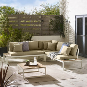 Furniturebox UK Dubai Olive White Metal & Wood Effect 6 Seat Outdoor Garden Corner Sofa with in-built side tables & Coffee Table