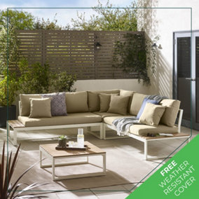 Furniturebox UK Dubai Olive White Metal & Wood Effect 6 Seat Outdoor Garden Corner Sofa with in-built side tables & Coffee Table