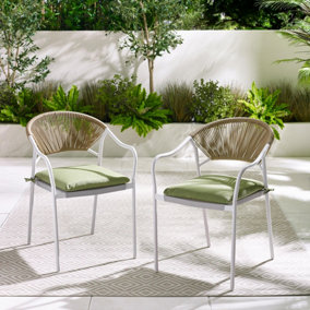 Furniturebox UK Elba Cream Metal & Light Brown Rattan Dining Chairs: Stackable with Green Cushions