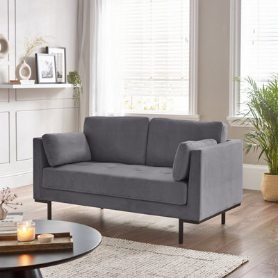 Furniturebox UK Evelyn 2-Seater Velvet Sofa in Grey On Wooden Frame
