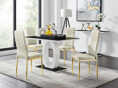 Furniturebox UK Giovani 4 Black Dining Table & 4 Cream Velvet Milan Gold Leg Chairs