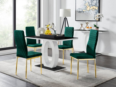 Furniturebox UK Giovani 4 Black Dining Table & 4 Green Velvet Milan Gold Leg Chairs