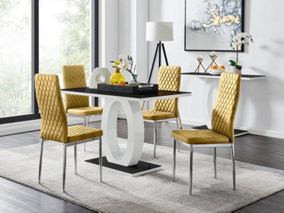 Furniturebox UK Giovani 4 Black Dining Table & 4 Mustard Velvet Milan Chairs