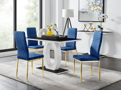 Furniturebox UK Giovani 4 Black Dining Table & 4 Navy Velvet Milan Gold Leg Chairs