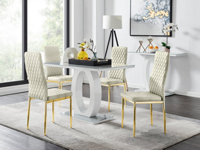 Furniturebox UK Giovani 4 Grey Dining Table & 4 Cream Velvet Milan Gold Leg Chairs