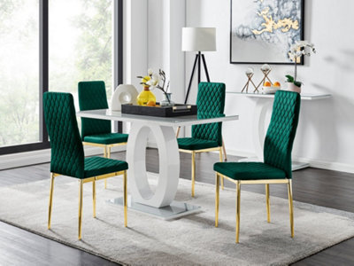 Furniturebox UK Giovani 4 Grey Dining Table & 4 Green Velvet Milan Gold Leg Chairs