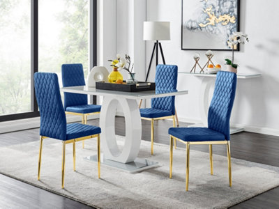 Furniturebox UK Giovani 4 Grey Dining Table & 4 Navy Velvet Milan Gold Leg Chairs