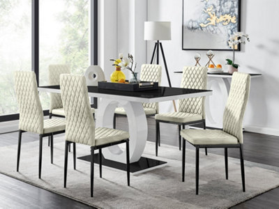Furniturebox UK Giovani 6 Black Dining Table & 6 Cream Velvet Milan Black Leg Chairs