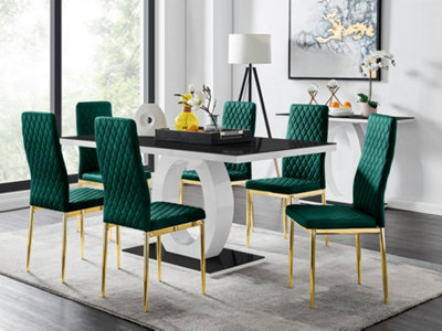 Furniturebox UK Giovani 6 Black Dining Table & 6 Green Velvet Milan Gold Leg Chairs