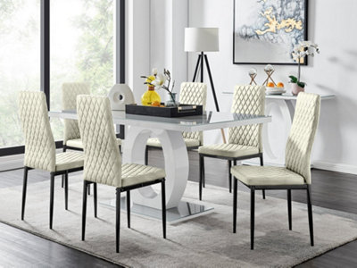 Furniturebox UK Giovani 6 Grey Dining Table & 6 Cream Velvet Milan Black Leg Chairs