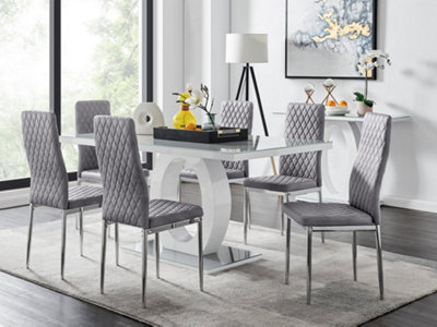 Furniturebox UK Giovani 6 Grey Dining Table & 6 Grey Velvet Milan Chairs