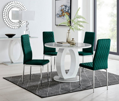 Furniturebox UK Giovani Round Grey 100cm Table and 4 Green Velvet Milan Chairs