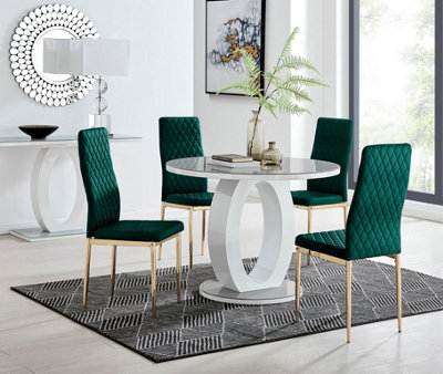 Furniturebox UK Giovani Round Grey 100cm Table and 4 Green Velvet Milan Gold Leg Chairs