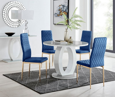 Furniturebox UK Giovani Round Grey 100cm Table and 4 Navy Velvet Milan Gold Leg Chairs