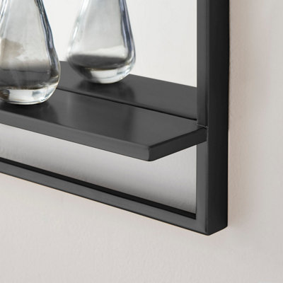 Furniturebox UK Harlow Rectangular Black Metal Wall Mirror With Shelf