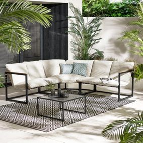 Furniturebox UK Hydra 5 Seat Outdoor Corner Sofa with Glass-Top Coffee Table - Comfy Patio Set