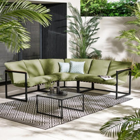 Furniturebox UK Hydra 5 Seat Outdoor Corner Sofa with Glass-Top Coffee Table & Green Cushions