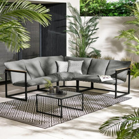 Furniturebox UK Hydra 5 Seat Outdoor Corner Sofa with Glass-Top Coffee Table & Grey Cushions