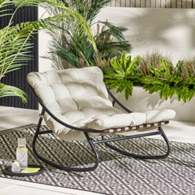 Furniturebox UK Hydra Black Metal Garden Rocking Chair with Cream Cushion - Outdoor Relaxation