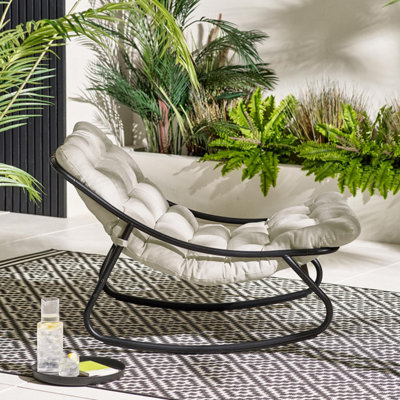 Furniturebox UK Hydra Black Metal Garden Rocking Chair with Cream