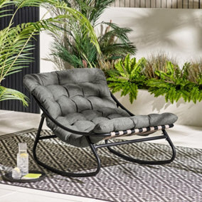 Furniturebox UK Hydra Black Metal Rocking Chair: Grey Quilted Cushion for Outdoor & Indoor Use