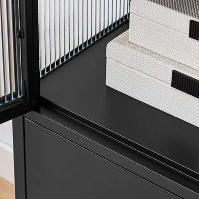 Carmen 80cm Display Highboard In Black With Decorative Wooden Stripes |  Sena Furniture