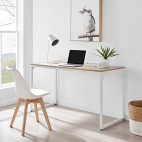 Furniturebox UK Kendrick Oak Effect Desk 140cm for Home Working Study Gaming Office Desk. Elegant White Leg Melamine Desk