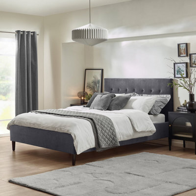 Furniturebox UK King Size Bed - 'Lotus' Upholstered Grey Velvet Kingsize Bed Frame Only (No Mattress) - Chesterfield Style Bed