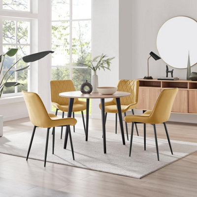 Furniturebox UK Koko Oak Effect Round Dining Table & 4 Mustard Pesaro ...