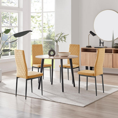 Furniturebox UK Koko Oak Effect Round Dining Table & 4 Mustard Velvet ...
